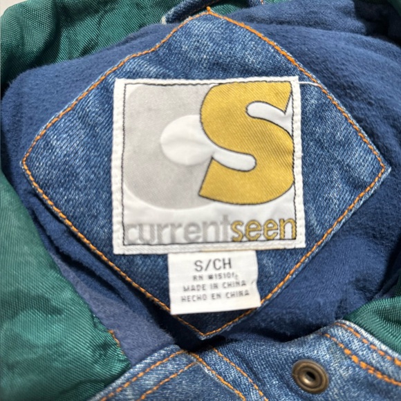 Vintage 1980s 1990s Long Denim Patchwork Coat Jacket Green Brown Pockets Small - Picture 5 of 5